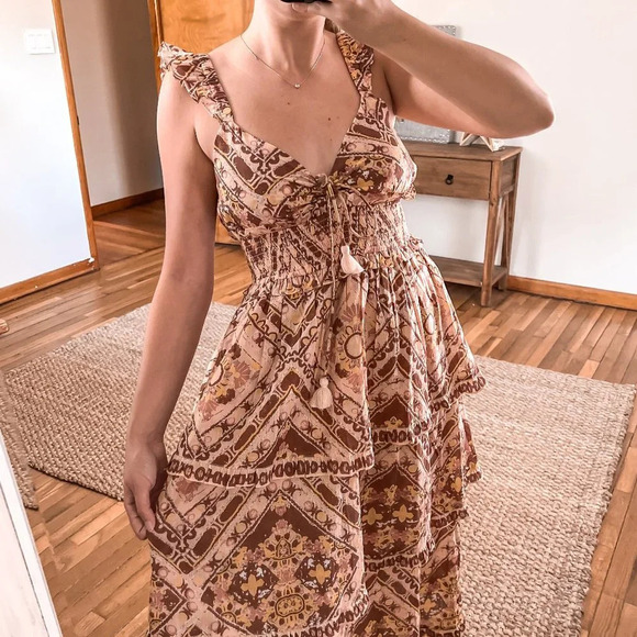 Cleobella Brown Sweetheart Neckline Ruffled Tiered Bohemian Maxi Dress M NWT - Picture 1 of 10